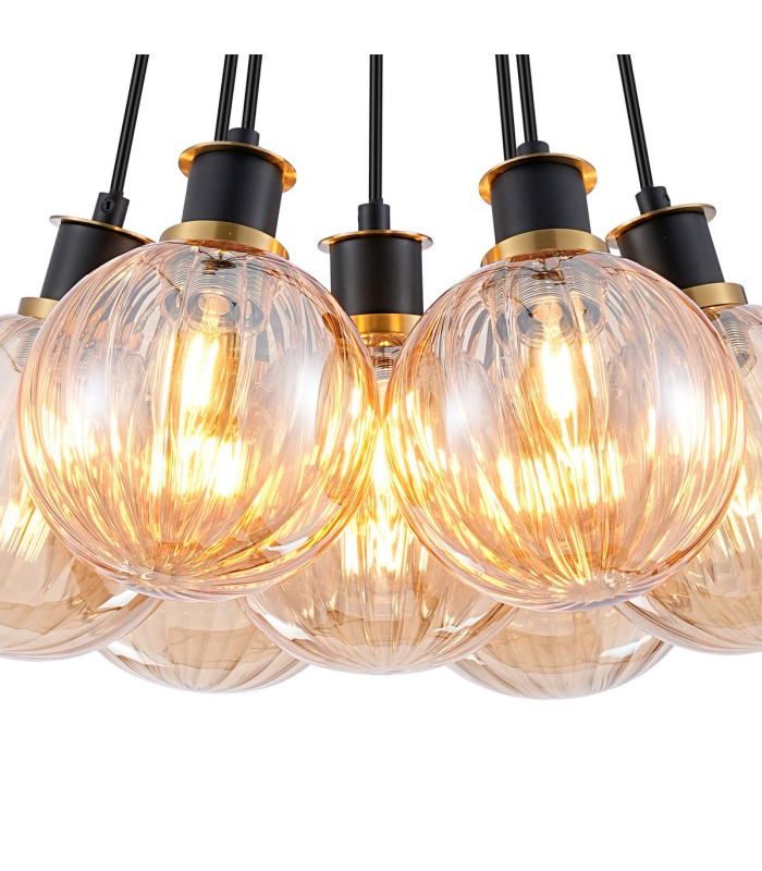 Placid 45cm Round Cluster Pendant 7 Light E14 15cm Round Segment Glass Shade Brass Amber Plated & Satin Black-6