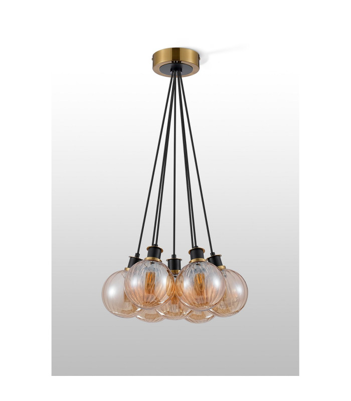 Placid 45cm Round Cluster Pendant 7 Light E14 15cm Round Segment Glass Shade Brass Amber Plated & Satin Black-7