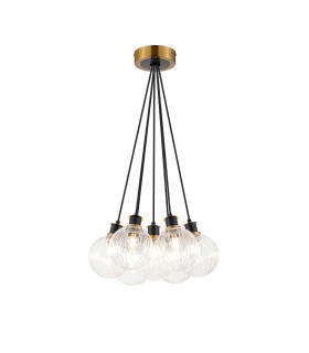 Placid 45cm Round Cluster Pendant 7 Light E14 15cm Round Segment Glass Shade Brass Clear & Satin Black-1