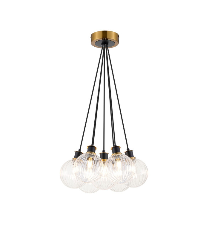 Placid 45cm Round Cluster Pendant 7 Light E14 15cm Round Segment Glass Shade Brass Clear & Satin Black-1