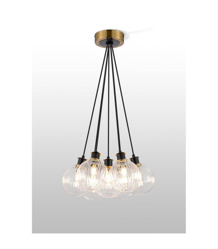 Placid 45cm Round Cluster Pendant 7 Light E14 15cm Round Segment Glass Shade Brass Clear & Satin Black-3
