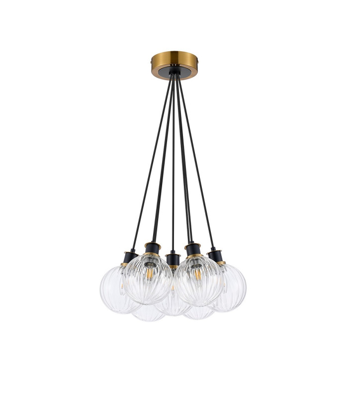 Placid 45cm Round Cluster Pendant 7 Light E14 15cm Round Segment Glass Shade Brass Clear & Satin Black-4
