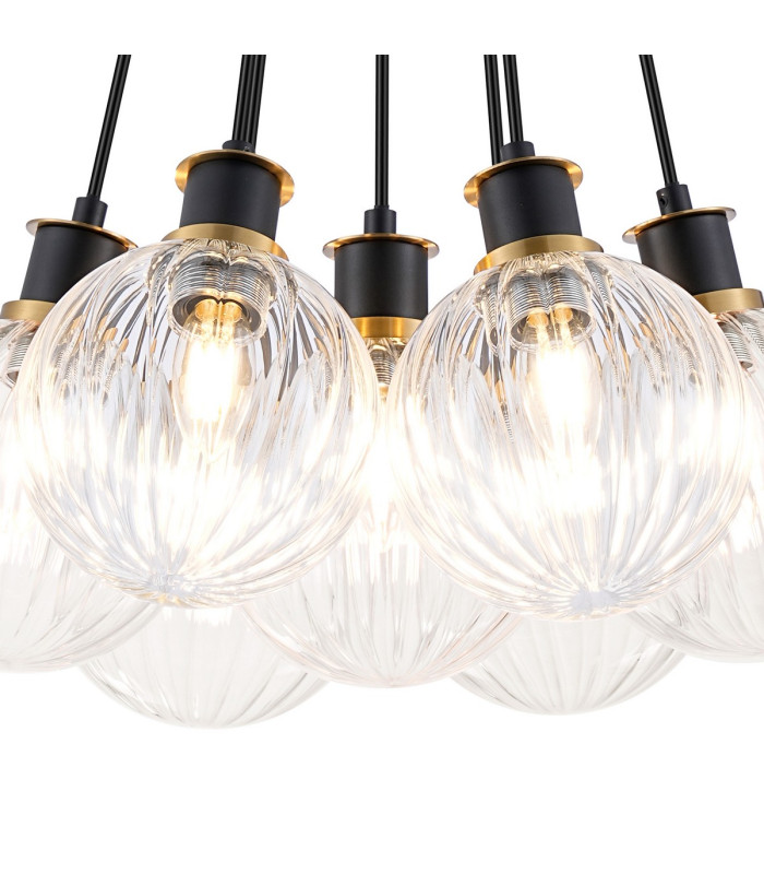 Placid 45cm Round Cluster Pendant 7 Light E14 15cm Round Segment Glass Shade Brass Clear & Satin Black-6