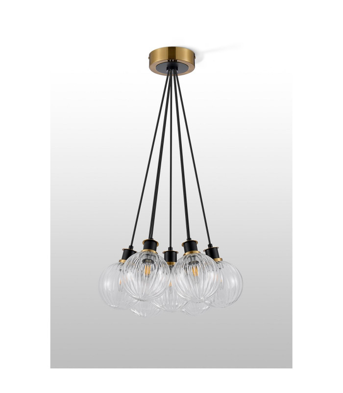 Placid 45cm Round Cluster Pendant 7 Light E14 15cm Round Segment Glass Shade Brass Clear & Satin Black-7