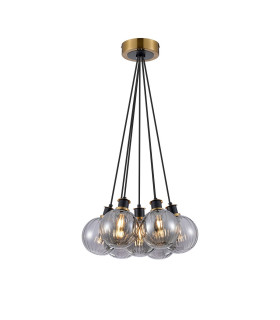 Placid 45cm Round Cluster Pendant 7 Light E14 15cm Round Segment Glass Shade Brass Smoke Plated & Satin Black-1