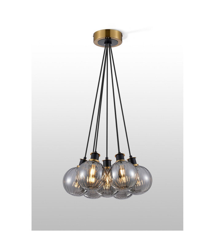 Placid 45cm Round Cluster Pendant 7 Light E14 15cm Round Segment Glass Shade Brass Smoke Plated & Satin Black-3