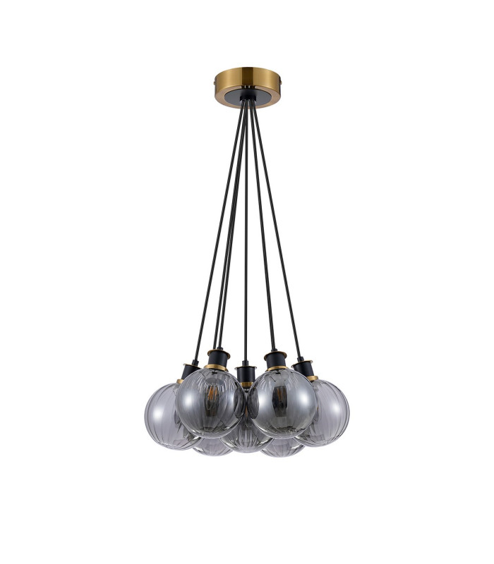 Placid 45cm Round Cluster Pendant 7 Light E14 15cm Round Segment Glass Shade Brass Smoke Plated & Satin Black-4