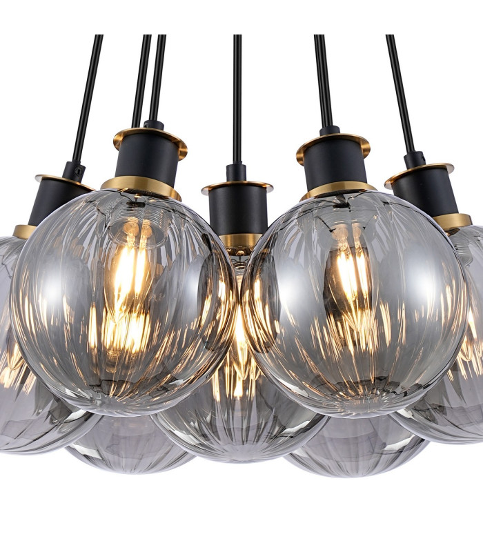 Placid 45cm Round Cluster Pendant 7 Light E14 15cm Round Segment Glass Shade Brass Smoke Plated & Satin Black-6