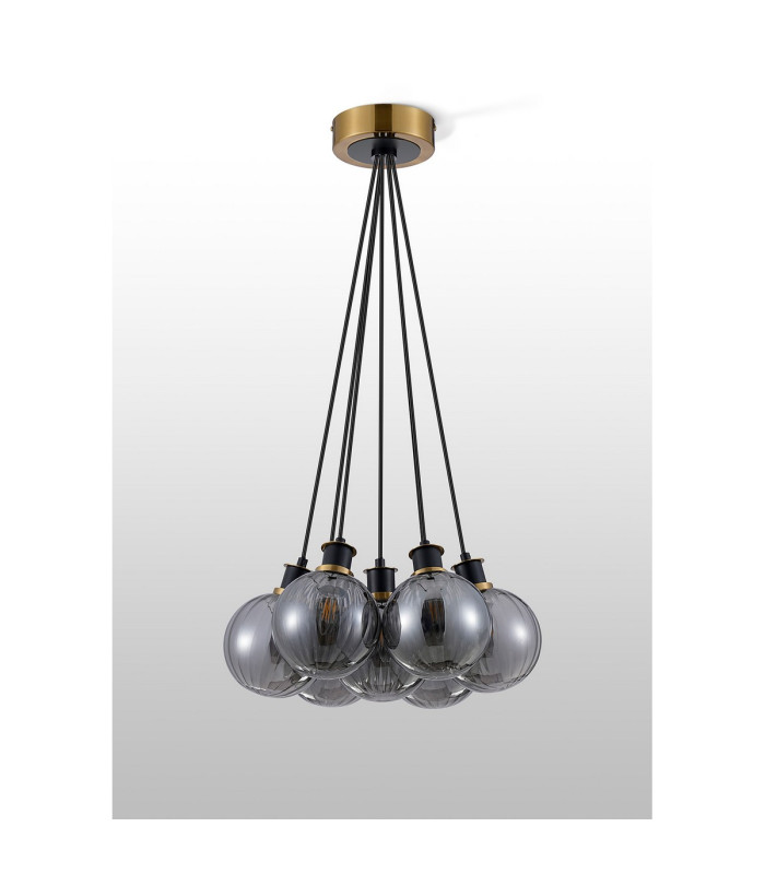 Placid 45cm Round Cluster Pendant 7 Light E14 15cm Round Segment Glass Shade Brass Smoke Plated & Satin Black-7
