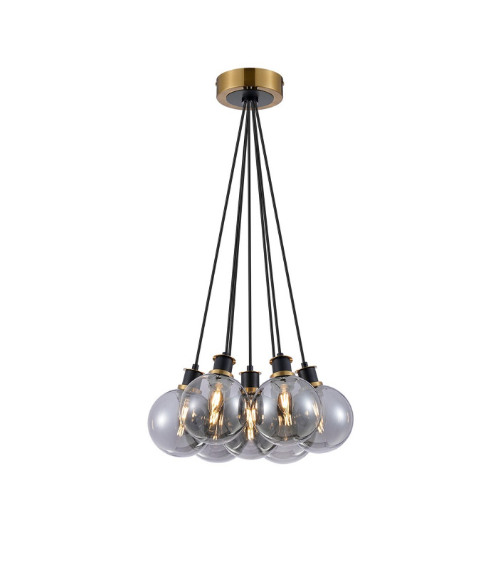 Placid 45cm Round Cluster Pendant 7 Light E14 15cm Round Glass Shade Brass Smoke Plated & Satin Black-1