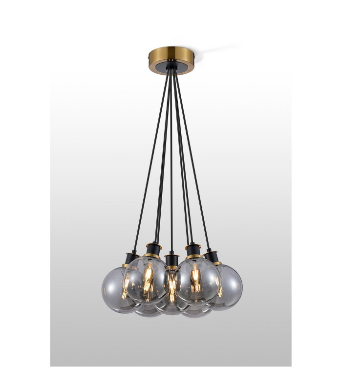 Placid 45cm Round Cluster Pendant 7 Light E14 15cm Round Glass Shade Brass Smoke Plated & Satin Black-3