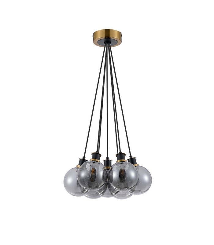 Placid 45cm Round Cluster Pendant 7 Light E14 15cm Round Glass Shade Brass Smoke Plated & Satin Black-4