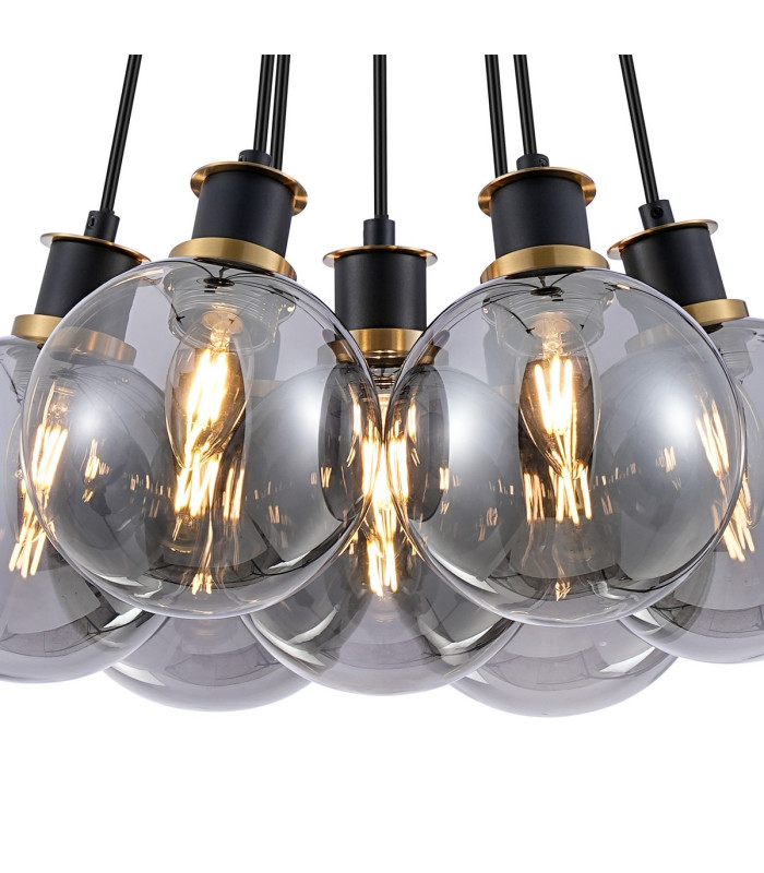 Placid 45cm Round Cluster Pendant 7 Light E14 15cm Round Glass Shade Brass Smoke Plated & Satin Black-6
