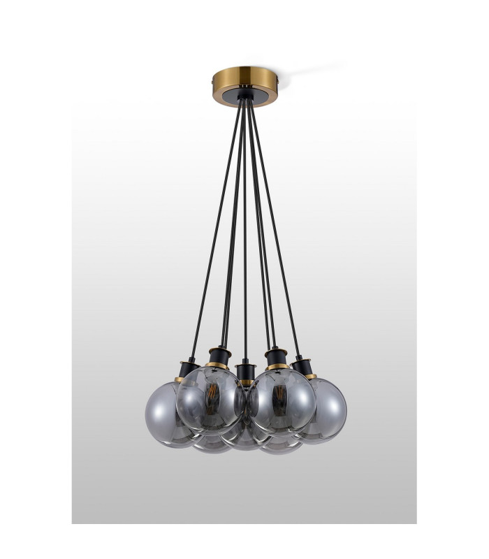 Placid 45cm Round Cluster Pendant 7 Light E14 15cm Round Glass Shade Brass Smoke Plated & Satin Black-7