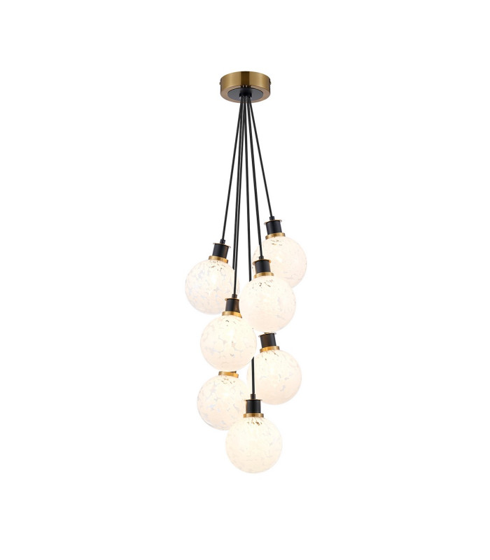 Placid 45cm Round Cluster Pendant 7 Light E14 15cm Round Speckled Glass Shade Brass White & Satin Black-1