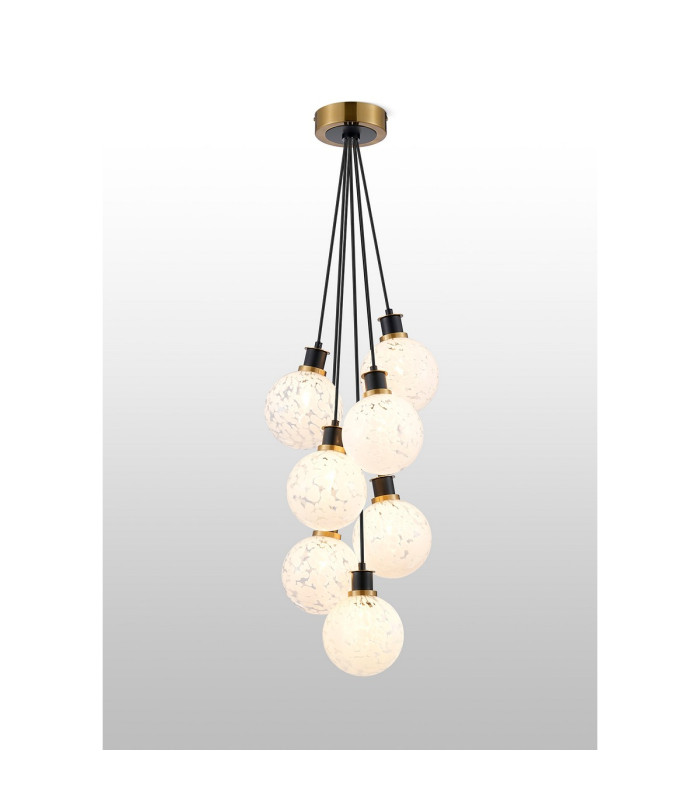 Placid 45cm Round Cluster Pendant 7 Light E14 15cm Round Speckled Glass Shade Brass White & Satin Black-3