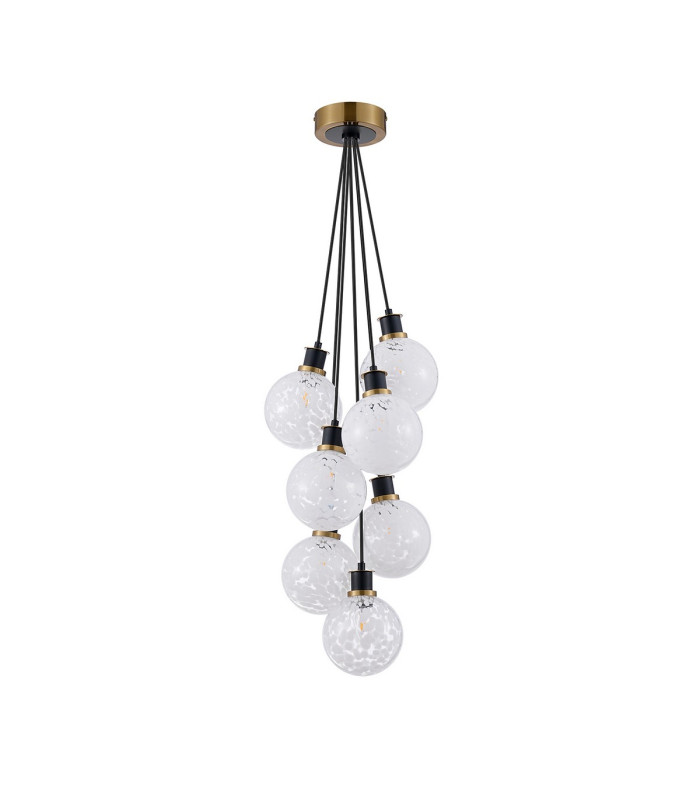 Placid 45cm Round Cluster Pendant 7 Light E14 15cm Round Speckled Glass Shade Brass White & Satin Black-4