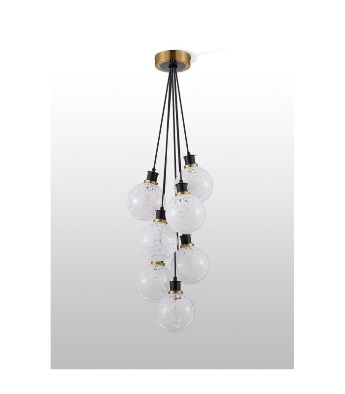 Placid 45cm Round Cluster Pendant 7 Light E14 15cm Round Speckled Glass Shade Brass White & Satin Black-7