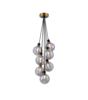 Placid 45cm Round Cluster Pendant 7x E14 15cm Round Textured Smooth/Ribbed Glass Shade Brass Smoke Plated & Satin Black-1