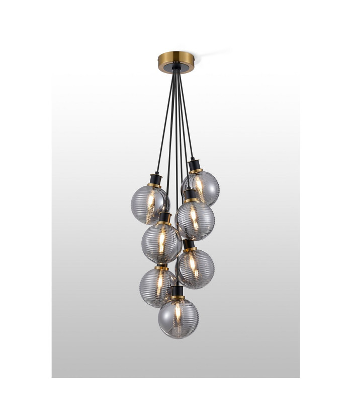 Placid 45cm Round Cluster Pendant 7x E14 15cm Round Textured Smooth/Ribbed Glass Shade Brass Smoke Plated & Satin Black-3