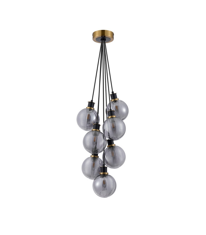 Placid 45cm Round Cluster Pendant 7x E14 15cm Round Textured Smooth/Ribbed Glass Shade Brass Smoke Plated & Satin Black-4