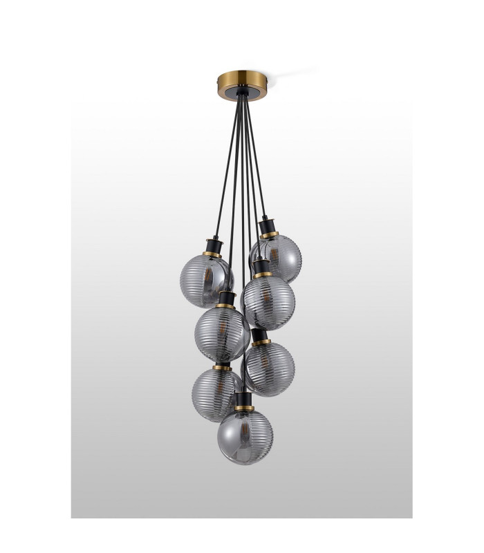 Placid 45cm Round Cluster Pendant 7x E14 15cm Round Textured Smooth/Ribbed Glass Shade Brass Smoke Plated & Satin Black-7