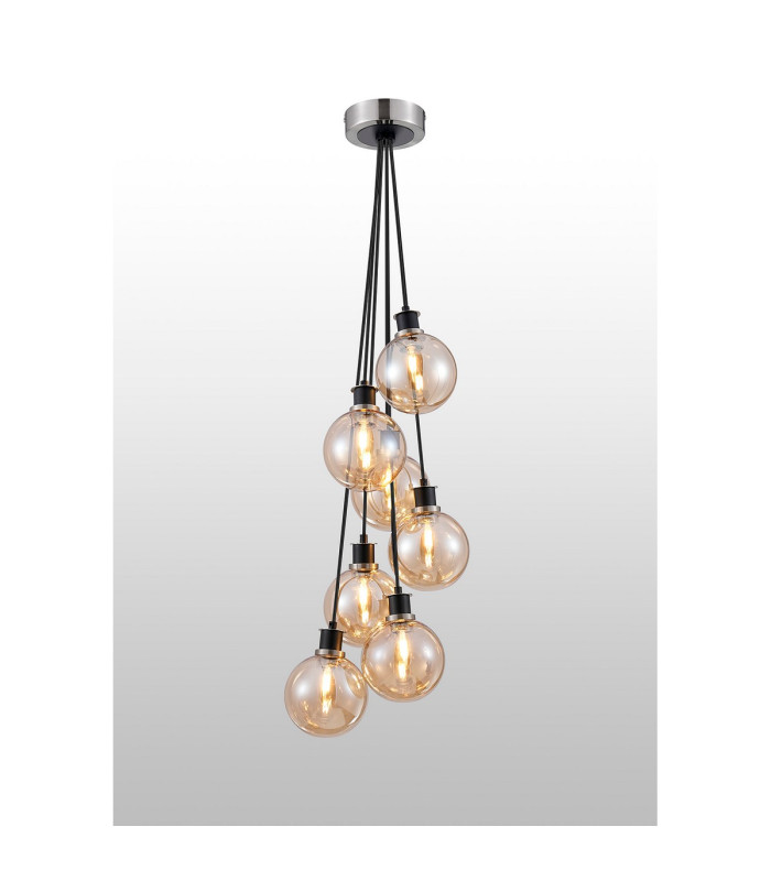 Placid 45cm Round Cluster Pendant 7 Light E14 15cm Round Glass Shade Satin Nickel Amber Plated & Satin Black-3