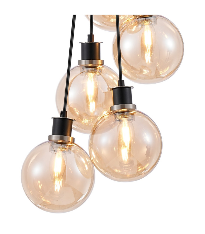 Placid 45cm Round Cluster Pendant 7 Light E14 15cm Round Glass Shade Satin Nickel Amber Plated & Satin Black-6