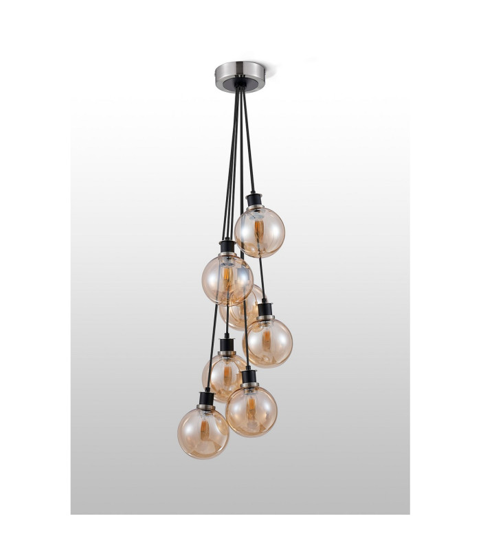Placid 45cm Round Cluster Pendant 7 Light E14 15cm Round Glass Shade Satin Nickel Amber Plated & Satin Black-7