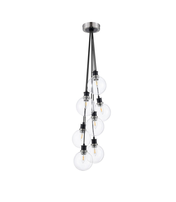 Placid 45cm Round Cluster Pendant 7 Light E14 15cm Round Glass Shade Satin Nickel Clear & Satin Black-4
