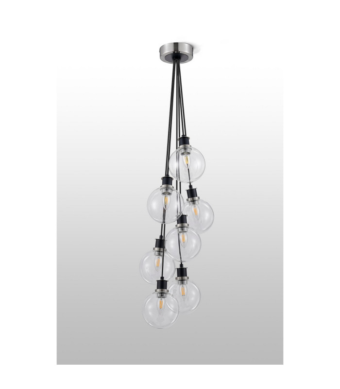 Placid 45cm Round Cluster Pendant 7 Light E14 15cm Round Glass Shade Satin Nickel Clear & Satin Black-7