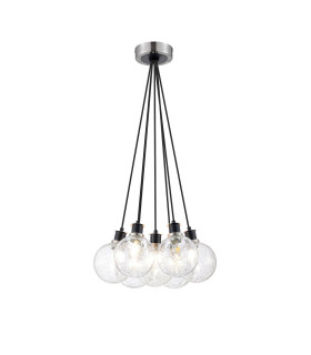Placid 45cm Round Cluster Pendant 7 Light E14 15cm Round Crackled Glass Shade Satin Nickel Clear & Satin Black-1
