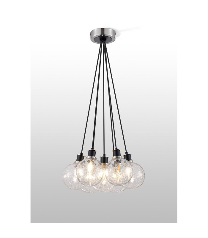 Placid 45cm Round Cluster Pendant 7 Light E14 15cm Round Crackled Glass Shade Satin Nickel Clear & Satin Black-3