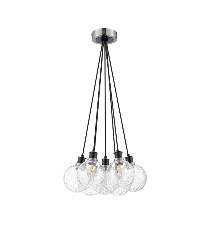 Placid 45cm Round Cluster Pendant 7 Light E14 15cm Round Crackled Glass Shade Satin Nickel Clear & Satin Black-4