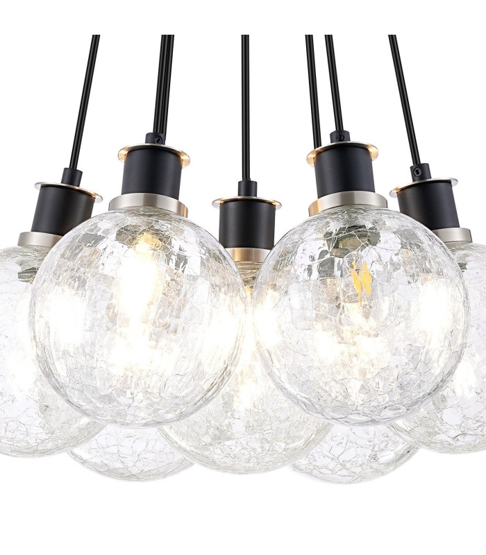Placid 45cm Round Cluster Pendant 7 Light E14 15cm Round Crackled Glass Shade Satin Nickel Clear & Satin Black-6