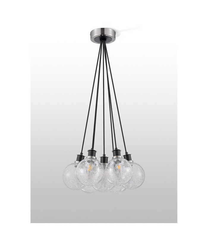 Placid 45cm Round Cluster Pendant 7 Light E14 15cm Round Crackled Glass Shade Satin Nickel Clear & Satin Black-7