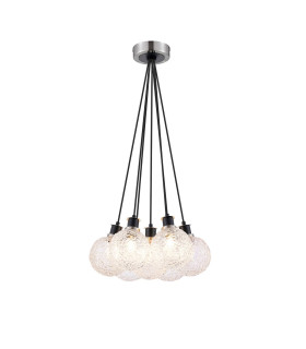 Placid 45cm Round Cluster Pendant 7 Light E14 15cm Round Textured Crumple Glass Shade Satin Nickel Clear & Satin Black-1