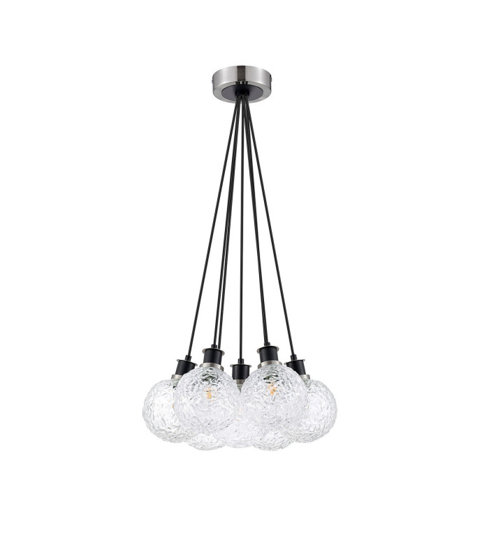 Placid 45cm Round Cluster Pendant 7 Light E14 15cm Round Textured Crumple Glass Shade Satin Nickel Clear & Satin Black-4