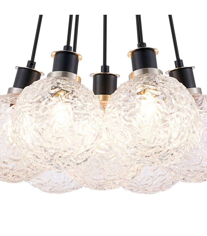 Placid 45cm Round Cluster Pendant 7 Light E14 15cm Round Textured Crumple Glass Shade Satin Nickel Clear & Satin Black-6