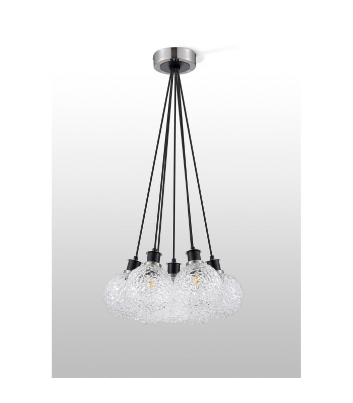 Placid 45cm Round Cluster Pendant 7 Light E14 15cm Round Textured Crumple Glass Shade Satin Nickel Clear & Satin Black-7