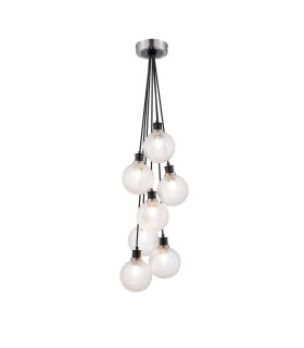 Placid 45cm Round Cluster Pendant 7x E14 15cm Round Textured Diamond Pattern Glass Shade Satin Nickel Satin Black-1
