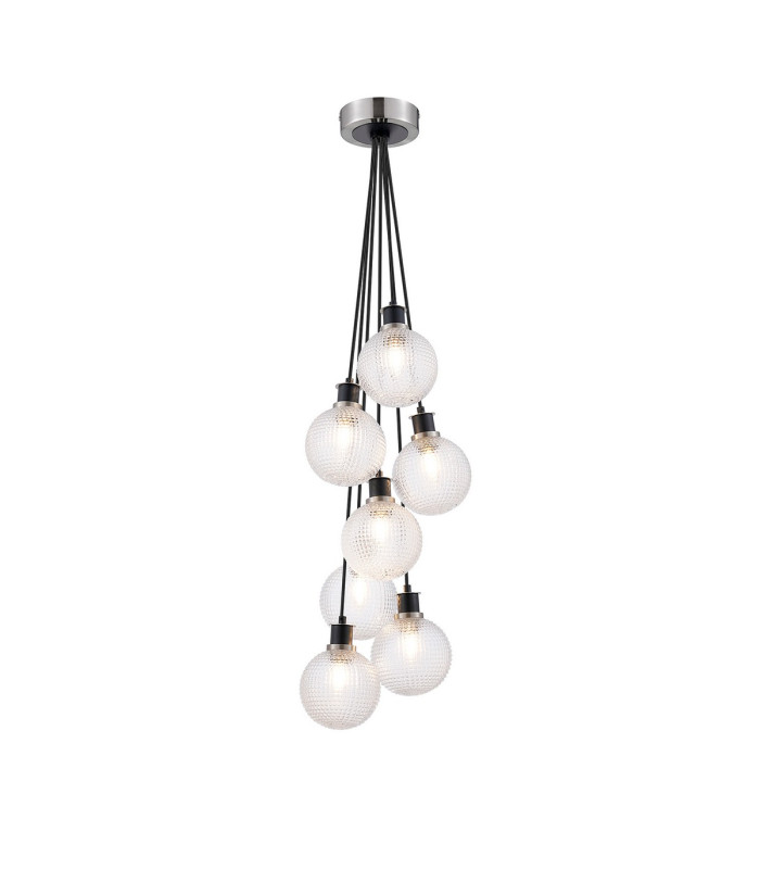 Placid 45cm Round Cluster Pendant 7x E14 15cm Round Textured Diamond Pattern Glass Shade Satin Nickel Satin Black-1