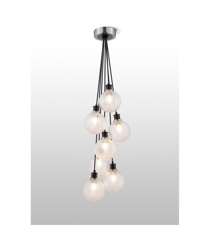 Placid 45cm Round Cluster Pendant 7x E14 15cm Round Textured Diamond Pattern Glass Shade Satin Nickel Satin Black-3