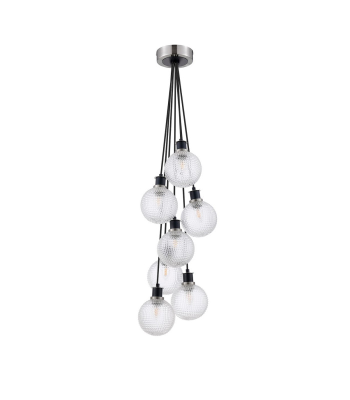 Placid 45cm Round Cluster Pendant 7x E14 15cm Round Textured Diamond Pattern Glass Shade Satin Nickel Satin Black-4