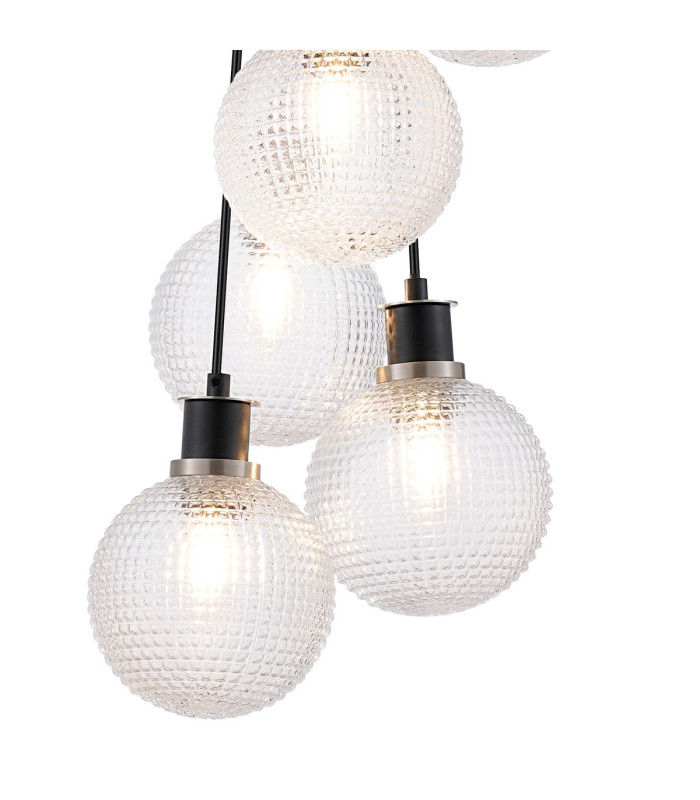 Placid 45cm Round Cluster Pendant 7x E14 15cm Round Textured Diamond Pattern Glass Shade Satin Nickel Satin Black-6