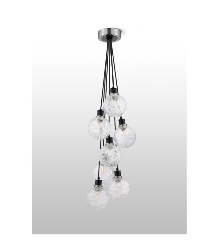Placid 45cm Round Cluster Pendant 7x E14 15cm Round Textured Diamond Pattern Glass Shade Satin Nickel Satin Black-7