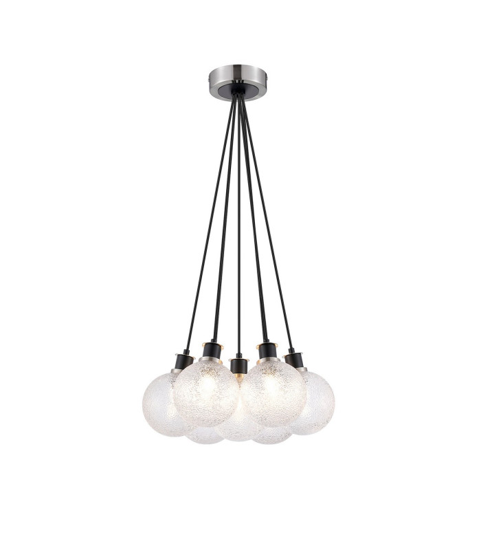 Placid 45cm Round Cluster Pendant 7 Light E14 15cm Round Dimpled Glass Shade Satin Nickel Clear & Satin Black-1