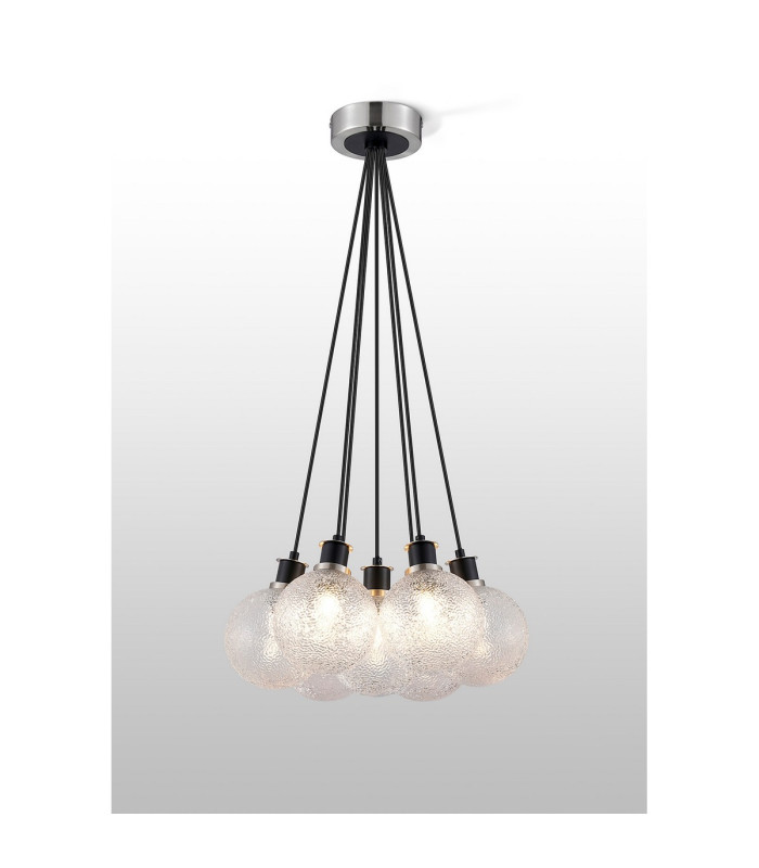 Placid 45cm Round Cluster Pendant 7 Light E14 15cm Round Dimpled Glass Shade Satin Nickel Clear & Satin Black-3