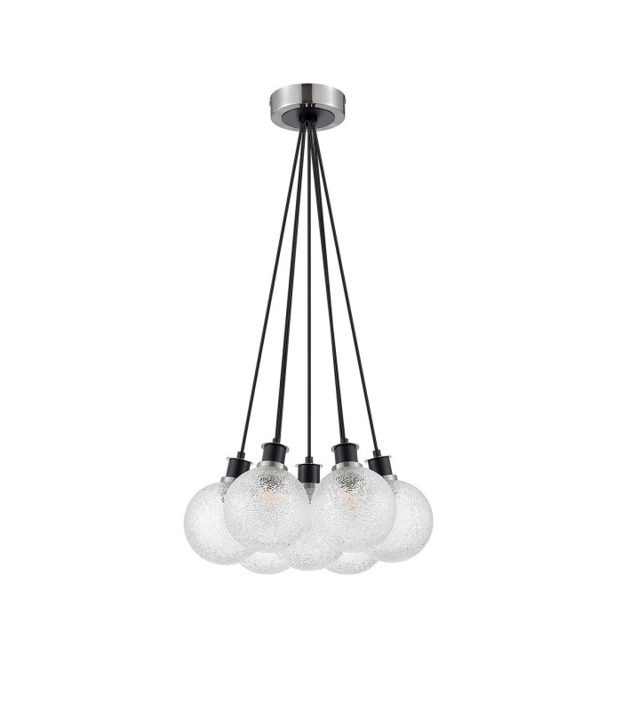 Placid 45cm Round Cluster Pendant 7 Light E14 15cm Round Dimpled Glass Shade Satin Nickel Clear & Satin Black-4