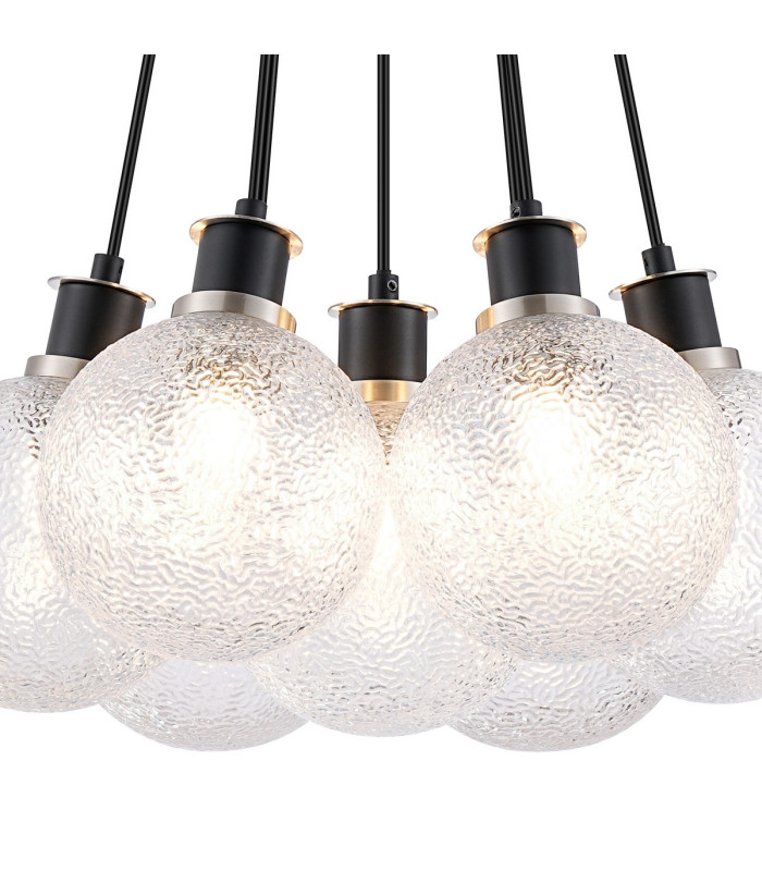Placid 45cm Round Cluster Pendant 7 Light E14 15cm Round Dimpled Glass Shade Satin Nickel Clear & Satin Black-5
